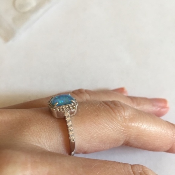 New Blue Fire Opal Silver CZ Ring - Picture 6 of 7